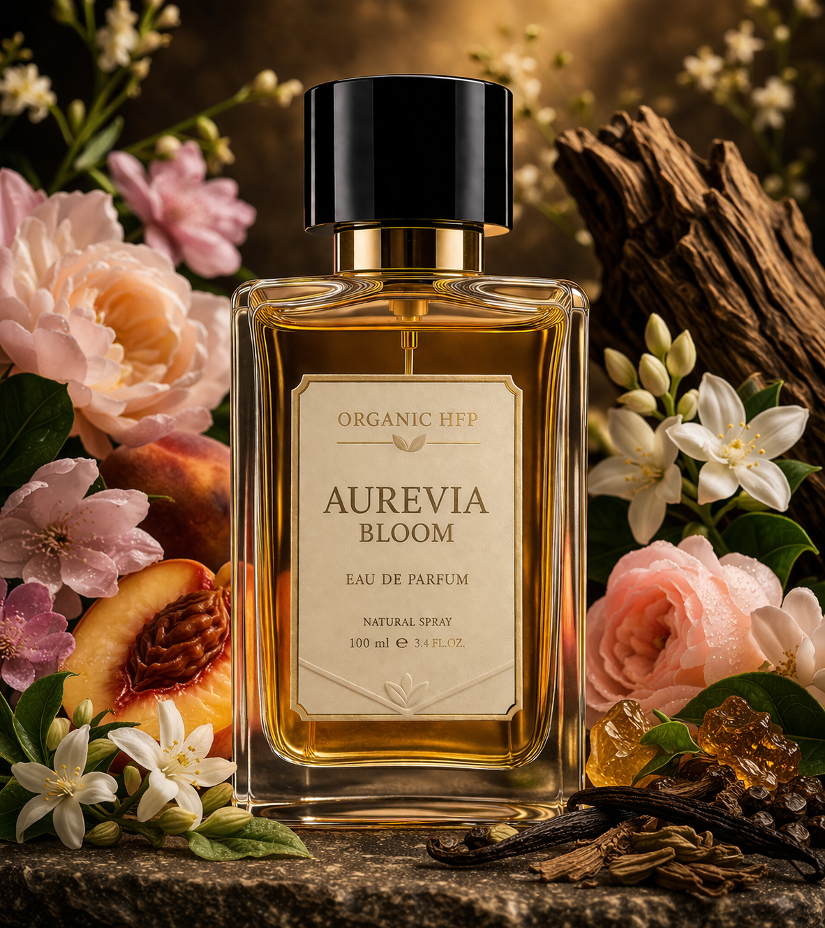 Perfume bottle labeled 'Aurevia Bloom' surrounded by flowers and fruits on a dark surface